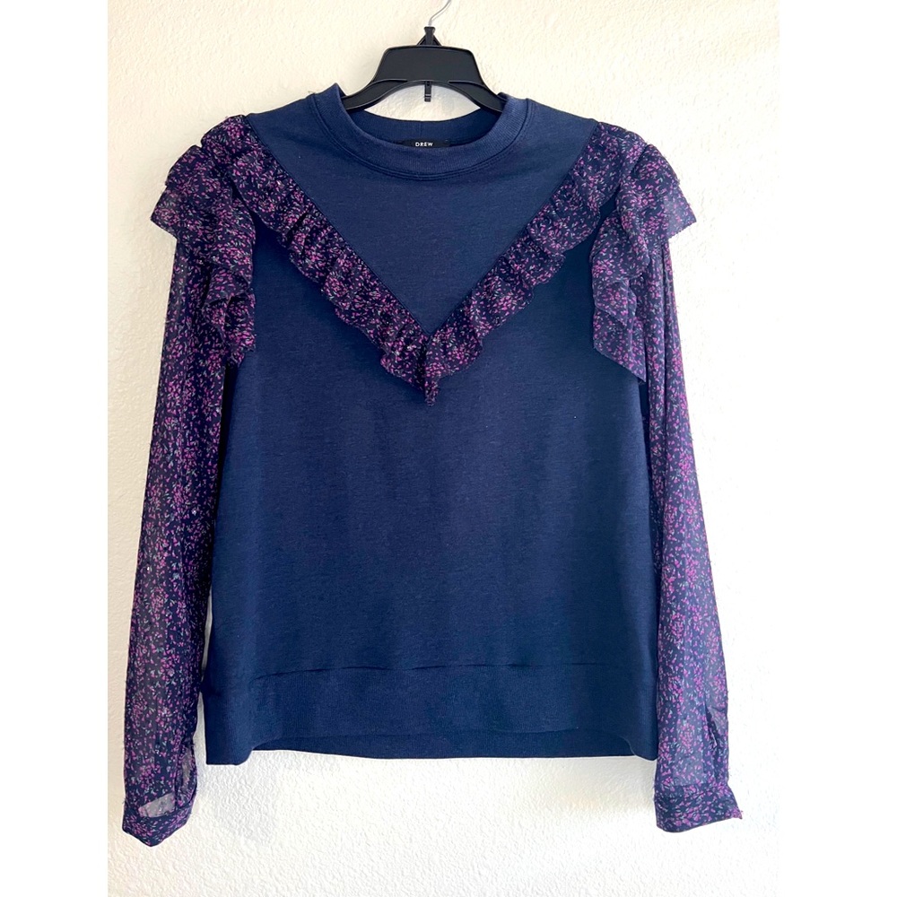 Drew Ruffle Navy Sheer Sleeves Sweatshirt Size XS.